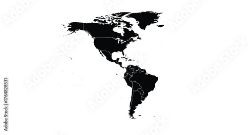 Bold black silhouette map of the Americas, showcasing distinct borders and geographical features for global understanding and design projects.