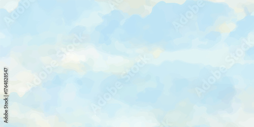 Abstract watercolor brushstrokes paint a beautiful, bright blue sky filled with fluffy white clouds, capturing the essence of a natural, serene summer day