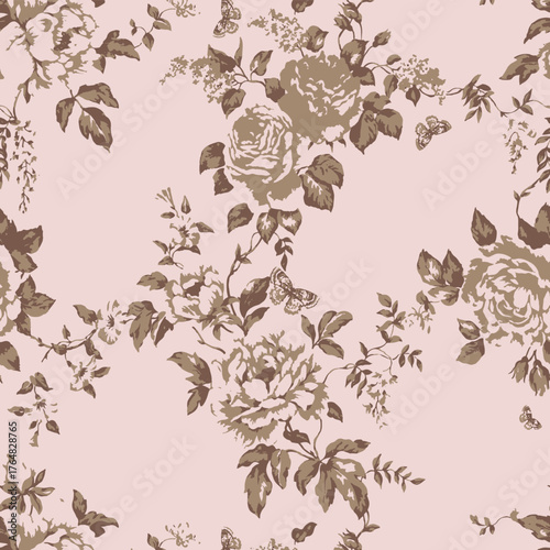 Seamless floral pattern, classic flower ornament, abstract ditsy print in vintage motif. Elegant botanical design of beautiful large wild flowers, leaves, small branches, herbs. Vector illustration.	
