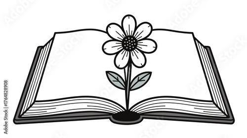 Open book with flower growing from the pages in black and white  