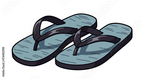Black flip-flops with blue soles on a white background  