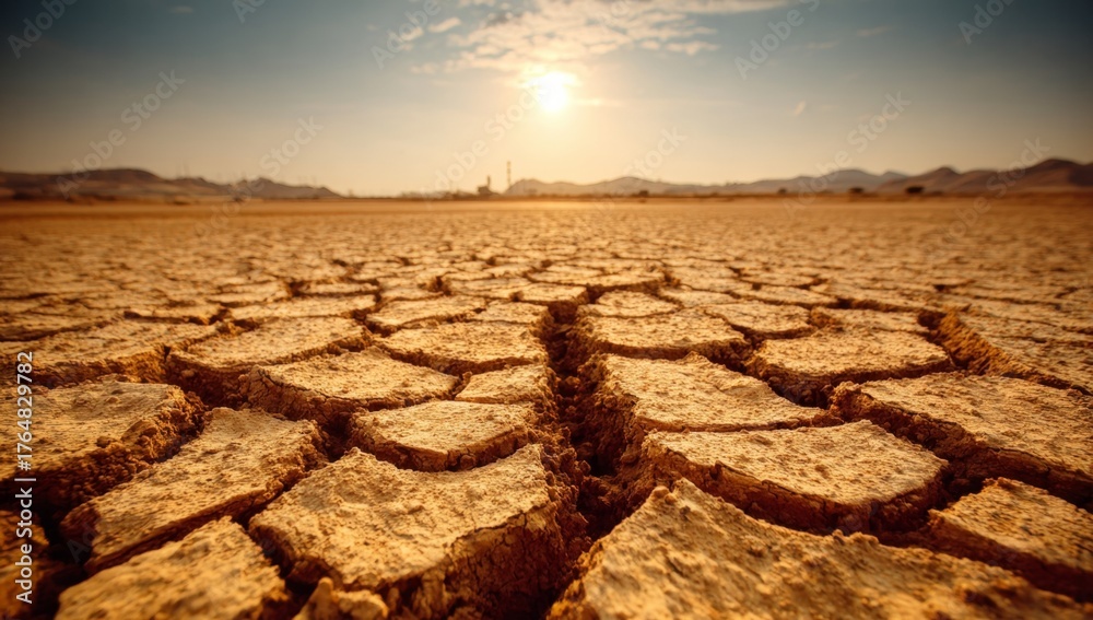 Fototapeta premium Desolate desert landscape with a sun in the sky. The sun is setting, casting a warm glow over the barren land