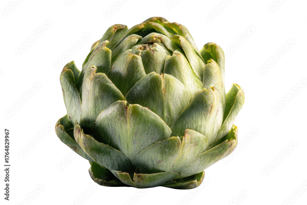 Obraz premium Single green artichoke vegetable with layered petals against black background food fresh, Isolated On Transparent Background, Png Cut Out