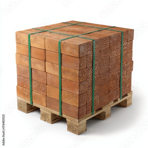 Stack of red clay bricks secured with green straps on a wooden pallet isolated on white background