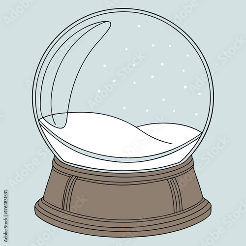 A minimalist snow globe with a clear glass dome and brown base containing a thin layer of white "snow" and scattered white flakes; the interior is empty of figurines or scenery, creating a simple.