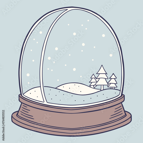 The globe contains a simple, winter-themed scene featuring three stylized evergreen trees on gentle, snow-covered hills. Tiny white dots represent falling snow inside the clear glass dome.
