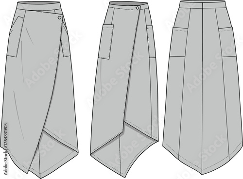 Asymmetrical skirt fashion flat sketch, technical garment drawing, wrap skirt vector illustration, CAD apparel design, clothing template, sewing pattern outline