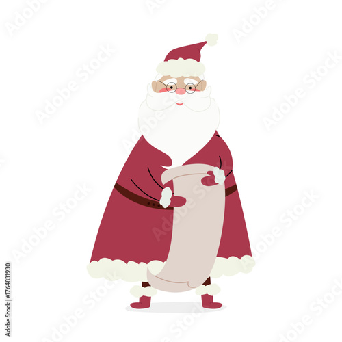 Santa Claus holding a wish list. Christmas wish list from children. Cute Christmas vector illustration in flat style. Winter holiday scene on a white background