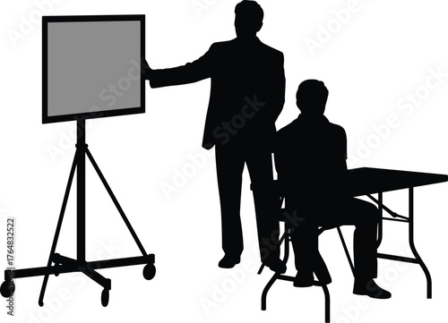 Black silhouette of professional presentation scene with speaker pointing at screen and seated listener for business, training, education, and seminar themes
