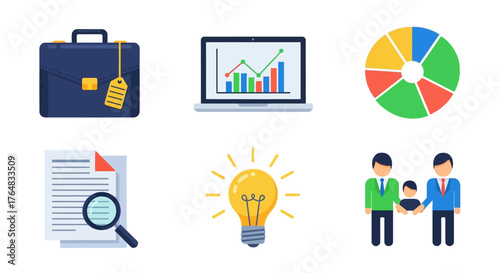 Business Growth and Analysis Icons Set Illustrating Financial Performance and Strategic Planning