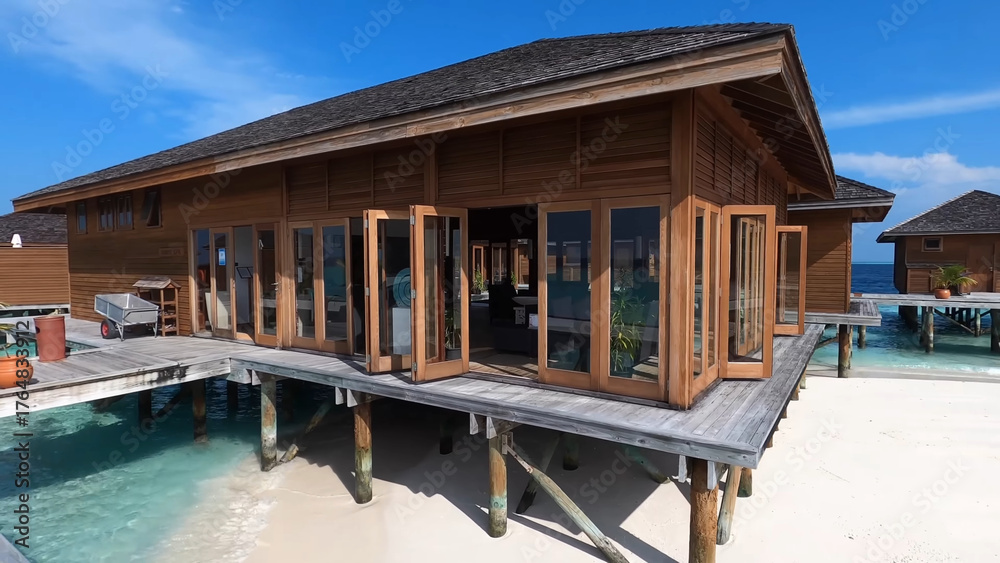 Obraz premium Luxury resort photo of Maldives tropical paradise island in Indian Ocean with palm trees, overwater thatched bungalows. Beautiful photography, coral reef, azure ocean, sky with clouds. 