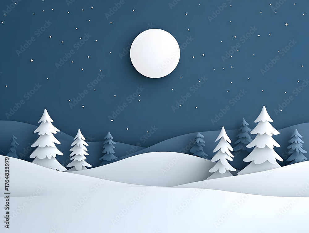 Fototapeta premium Winter Wonderland Landscape with SnowCovered Trees Under a Full Moon.