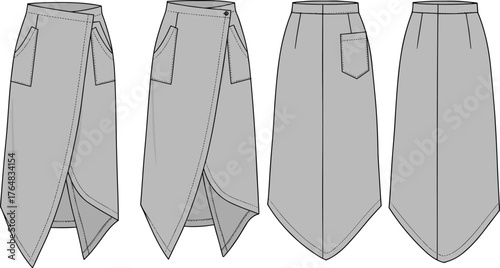 Fashion skirt technical flat sketch, vector CAD drawing apparel design, layered hem skirt illustration, patch pocket clothing template, garment construction