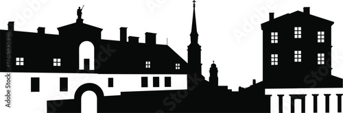 Silhouette of cityscape with historical buildings, church steeple, statue, and arched entrance, black vector illustration for architecture and heritage concept