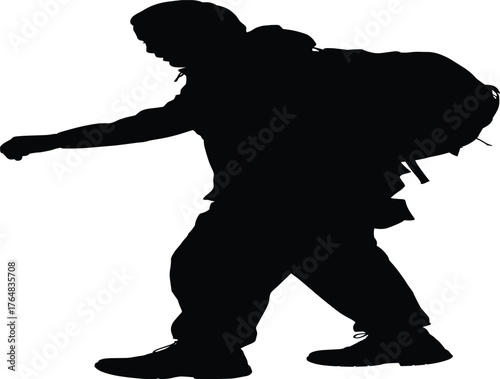 Silhouette of backpacker walking vector, travel adventure illustration, hiking motion graphic, outdoor journey design, minimalist explorer artwork