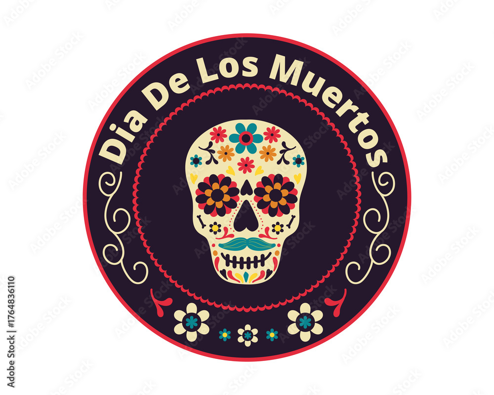 Fototapeta premium Illustration of skull badge for day of the dead Dia de los Muertos holiday