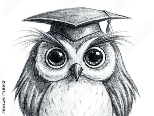 Handdrawn owl wearing a graduation cap, isolated on transparent background, sketch style