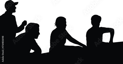 Silhouette of four people interacting in seated poses, black vector illustration for teamwork, communication, social engagement, and group activity concept