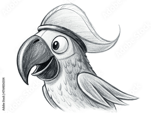 Handdrawn parrot wearing a pirate hat, isolated on transparent background, sketch style