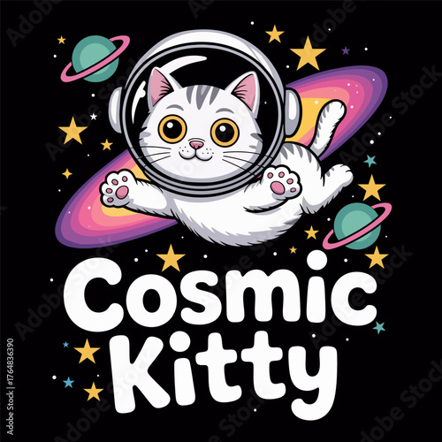 Cute cartoon cat astronaut floating in space with planets and stars kitten