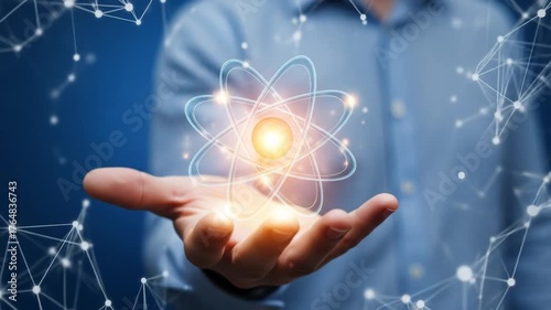 Hands holding a glowing atom, science and innovation, technological advancement in scientific