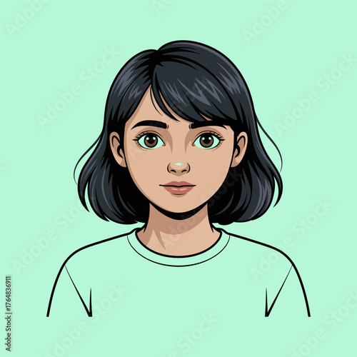 Cartoon portrait of a young woman with short black hair and green eyes girl female