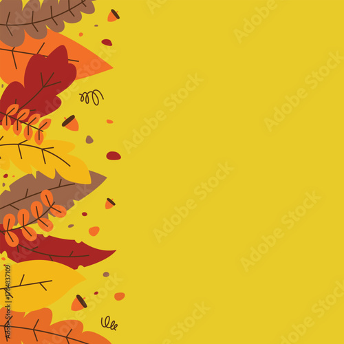 Stylized autumn leaves on yellow background in warm tone of orange, red, and brown suitable for invitations, social media posts, and seasonal promotions.