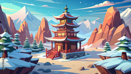 Very beautiful wooden pagoda standing amidst snowy mountains, blending traditional architecture with pristine natural scenery in a peaceful 3D-rendered winter wonderland.
