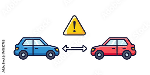 Blue and red cars with warning sign and distance arrows illustration automobile transportation