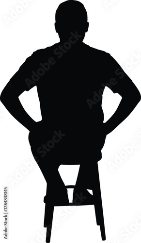 Silhouette of man sitting on stool vector, front view pose, minimalist character design, confident posture artwork, black and white graphic