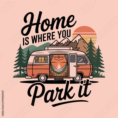 Orange camper van with hammock and campfire inside parked in mountains at sunset van life