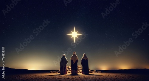 Silhouette figures, illuminated star, night sky over a desert landscape