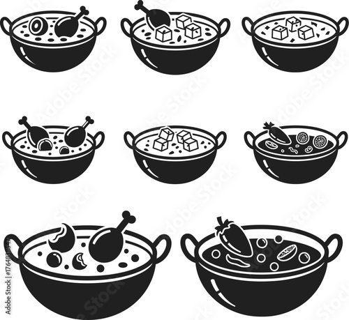 Collection of black and white icons depicting various dishes in cooking pots food meal