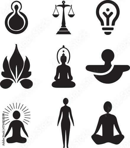 Black Silhouette Yoga and Meditation Icons, Wellness, Spa, and Spiritual Vector Set
