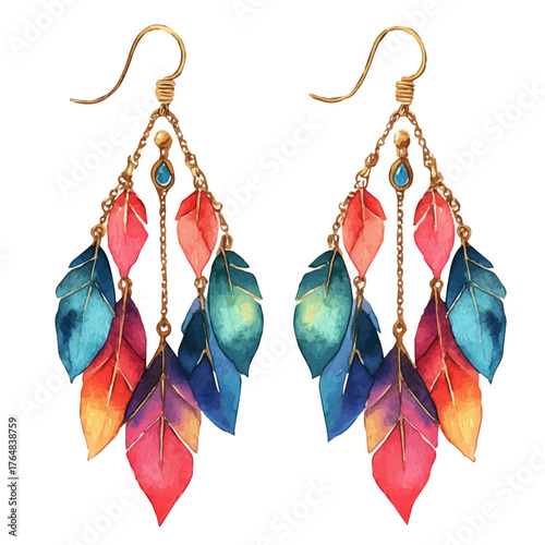 Tribal Earrings, watercolor painting vector, isolated on a white background.