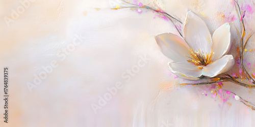 Delicate White Flower with Pink and Gold Accents on Soft Blended Background