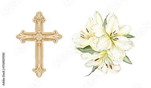 Canvas Print Christian cross and white lily bouquet
