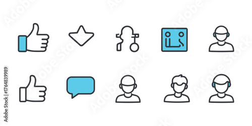 Collection of social media icons including thumbs up speech bubble and user profiles