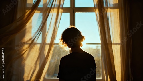 Contemplative person silhouetted against a bright window with golden sunlight and sheer curtains.