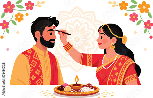 Sacred Sibling Bond: Bhai Phonta Celebration Vector Illustration - Sister's Blessing Dancing With Brother's Protection And Bengali Tradition