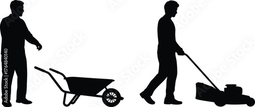 Silhouette of person pushing lawn mower and standing with wheelbarrow, black vector illustration for gardening, yard work, labor, and outdoor maintenance concept