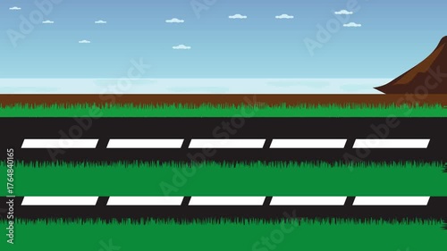 Seamless looping road animation through grassy hills and blue sky background.