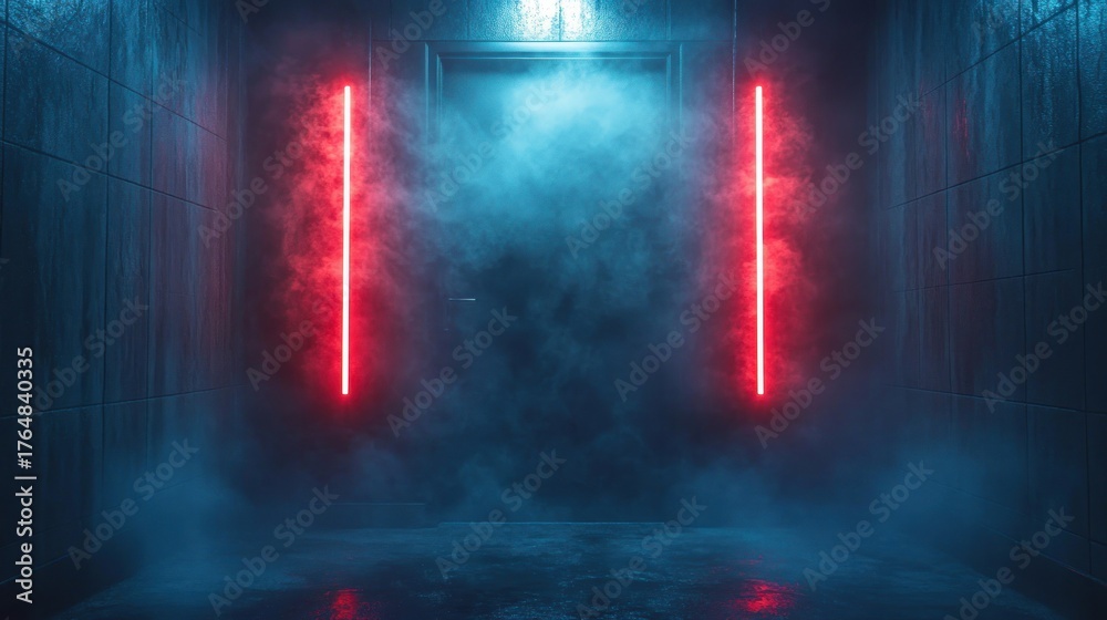Fototapeta premium Neon red light streaks in a dimly lit corridor