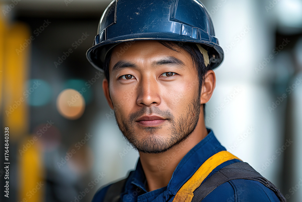 Obraz premium Man in blue hard hat looking at the camera closely