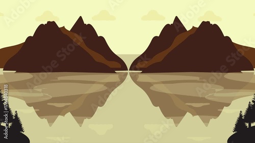 loopable mountain lake animation with pine trees reflection minimalist nature background