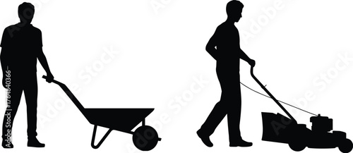 Silhouette of person pushing lawn mower and wheelbarrow, black vector illustration for gardening, yard work, landscaping, and outdoor labor concept