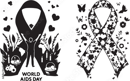 World AIDS Day illustration — black and white stylized awareness ribbon with symbolic elements of support, hope, and remembrance