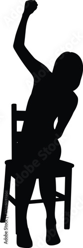 Silhouette of person sitting on chair with raised arm stretching, black vector illustration for exercise, wellness, posture, and ergonomic concept