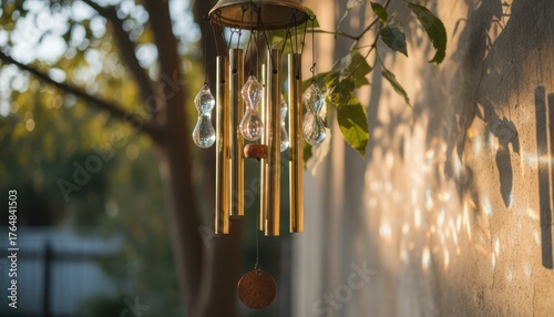 Golden Wind Chime with Glass Ornaments Hanging in a Garden at Sunset