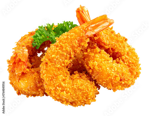 Three golden-brown, crispy, breaded shrimp are arranged with parsley against a dark background